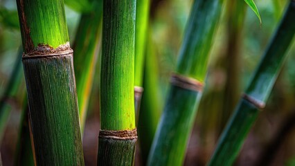 Close-up of green bamboo stalks with ringed joints. Concept Bamboo macro photography, Green stalk textures, Ringed joints close-up, Botanical close-up, Natural bamboo pattern