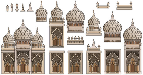 Set of stylized ancient Middle Eastern buildings in paper cut style. Perfect for games, travel guides, architecture projects, or historical infographics. Hand drawn vector illustration
