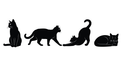 Four cat silhouettes isolated on white background, each in a different position