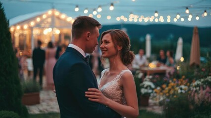 Bride and groom embrace and smile during an outdoor evening wedding beneath twinkling string lights. Concept Outdoor Wedding, Evening Portrait, Twinkling String Lights, Joyful Couple Embrace