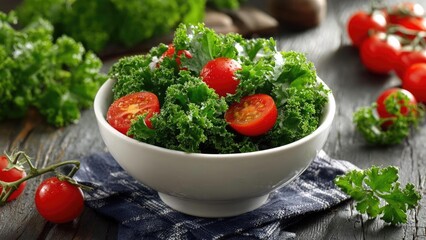 Fresh kale salad with sliced cherry tomatoes in a white bowl on a rustic wooden table. Concept Fresh kale salad with cherry tomatoes, White ceramic bowl on a rustic wooden table