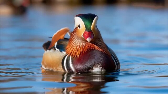 Pato Mandarín  con sus plumas de colores naranja verde y rojo intensos flotando tranquilamente en agua azul