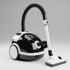 Modern black and white canister vacuum cleaner appliance.