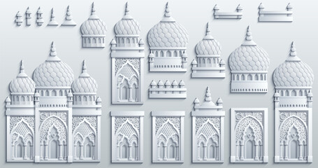 Set of stylized ancient Middle Eastern buildings in paper cut style. Perfect for games, travel guides, architecture projects, or historical infographics. Hand drawn vector illustration