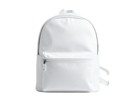 Sleek White Minimalist Backpack with Single Main Zipper, Front View, Isolated on Transparent Background