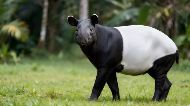 Tapir Malayo  caminando lentamente por un exuberante campo de hierba verde