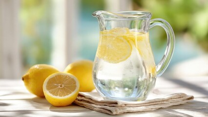 Fototapeta premium A glass pitcher of lemon water with lemon slices, set on a wooden table. Concept Glass pitcher with lemon water, Lemon slices, Wooden table setting, Refreshing citrus drink, Hydration