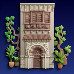 Vector Arabian building facade with arched doorway, turquoise details, and plants, oriental architecture design.