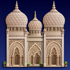 Cartoon colorful illustration of Islamic architecture with domes, arches, and arabesque ornaments, representing tradition, culture, and spirituality