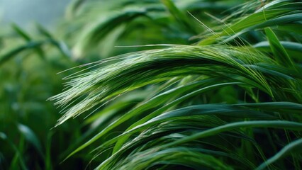 Fototapeta premium Close-up of green barley plants with long awns arching over in a field. Concept Close-up of barley, green barley plants, long awns, field texture, agricultural macro