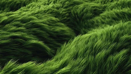 Ingelijste posters Gras A lush field of long, swaying green grass blades forming rolling, grassy hills. Concept Lush green grass field with tall blades, Rolling grassy hills and open landscape  © Anastasiia