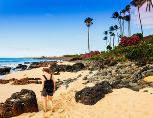 Female Tourist Near Tide Pools on Kepuhi Beach, Molokai, Hawaii, USA