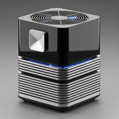Sleek modern cubic air purifier with a futuristic design.