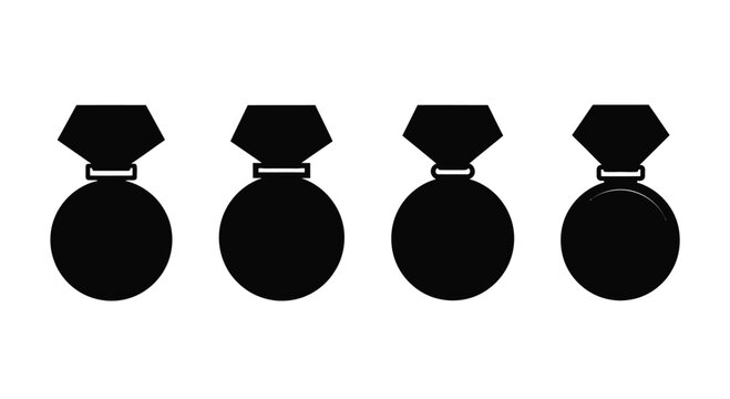 Four black medal icons isolated on white background, representing achievement