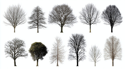 A collection of diverse trees, each uniquely shaped and textured, standing tall