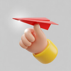 Stylized 3D cartoon hand balancing a red paper airplane on a finger.