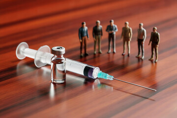 A Macro Photograph of a Medical Vaccination Vial and Syringe with Miniature People in the Background