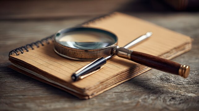 Vintage magnifying glass and pen rest upon a spiral bound notebook on a wooden surface