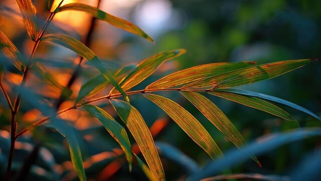 Close-up of slender bamboo leaves illuminated by warm sunset light. Concept Bamboo close-up, Slender leaves, Golden hour light, Sunset glow, Macro nature