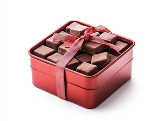 Red tin box filled with dark chocolate squares, tied with a red ribbon