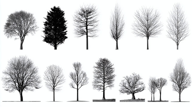 A collection of various bare trees silhouette. Diverse tree types without leaves captured against a minimalist background