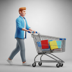 Stylized 3D character of a young man pushing a shopping cart.