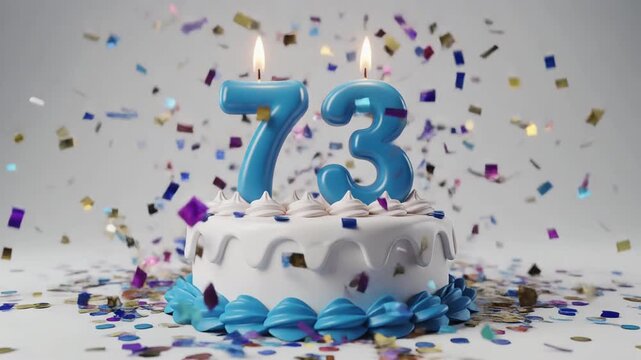 White and blue birthday cake with candle number 73. Solid white background with falling confetti. Video for birthday or anniversary party