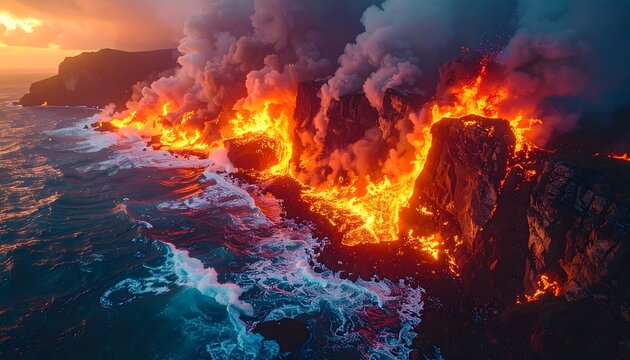 Fiery volcanic eruption cascades molten lava into the ocean waves, creating a dramatic coastal spectacle