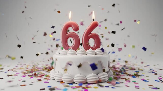 White birthday cake with candle number 66. Solid white background with falling confetti. Video for 66th birthday or anniversary party
