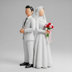 Stylized 3D rendering of a Muslim wedding couple in white attire.