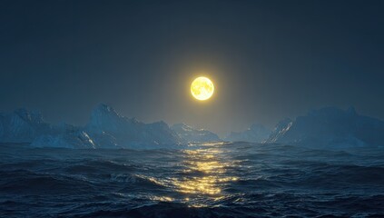 Vast Ocean at Night Under a Bright Moon.