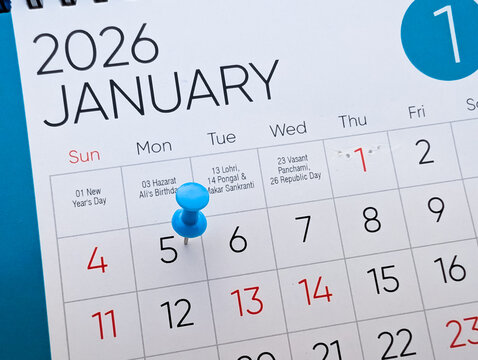 5th january marked with push pin on calendar 2026 - Powered by Adobe