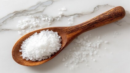 Wooden spoon holding coarse sea salt on a marble surface.