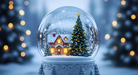 Cozy Christmas snow globe with tiny house and fir tree in falling snow festive winter decoration clear glass crystal ball mockup with warm glow for greeting cards branding and social media