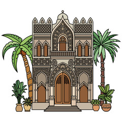 Vector Arabian building facade with arched doorway, turquoise details, and plants, oriental architecture design.