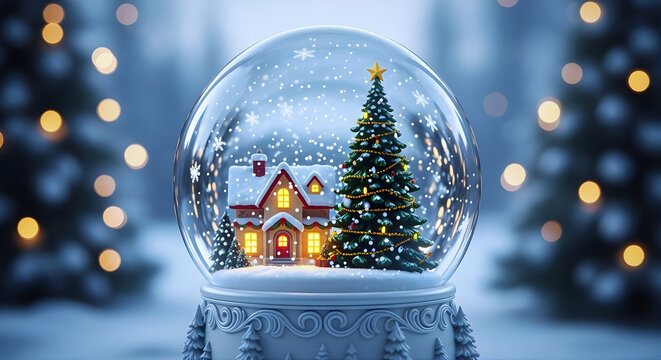 Cozy Christmas snow globe with tiny house and fir tree in falling snow festive winter decoration clear glass crystal ball mockup with warm glow for greeting cards branding and social media
