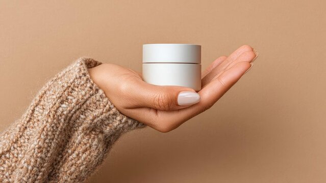 A hand in a chunky knit sweater holds a small white cosmetic jar with a lid against a beige background. Concept Hand in chunky knit sweater, Small white cosmetic jar, Beige background