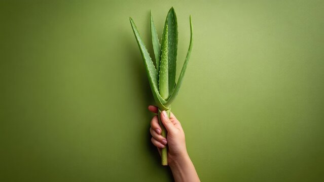 A hand holding the leaves of an aloe vera plant against a plain green background. Concept Aloe vera, Hand holding leaves, Green background, Plant care, Natural textures