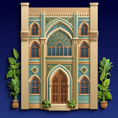 Vector Arabian building facade with arched doorway, turquoise details, and plants, oriental architecture design.