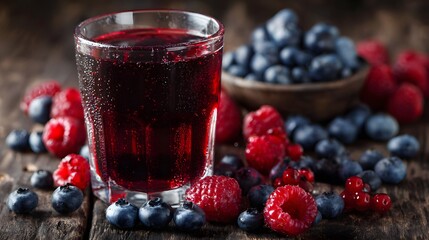 Deep crimson beverage sits amidst fresh raspberries and blueberries on rustic wooden surface