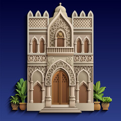 Vector Arabian building facade with arched doorway, turquoise details, and plants, oriental architecture design.