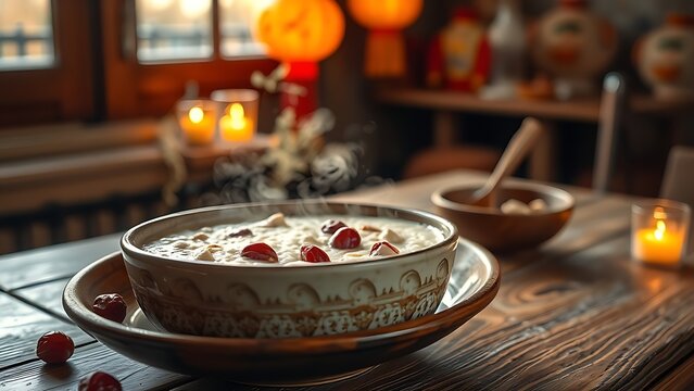 laba. Steaming bowl of Laba porridge with dates and nuts on wooden table. menu design, packaging mockups, designed for culinary blogs and recipe cards for restaurants, supports restaurant marketing.
