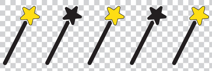 Set of magic wand icons. Magic wand with a star, wizard tool. Magic and miracle symbols. Wizard stick for apps and web sites, vector.