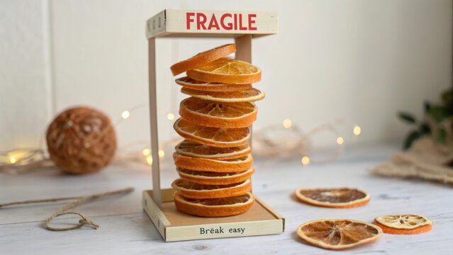 Dried orange slices stacked inside wooden frame with fragile label