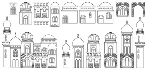 Set of stylized ancient Middle Eastern buildings in line art style. Perfect for games, travel guides, architecture projects, or historical infographics. Hand drawn vector illustration