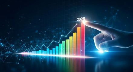 Fingertip touches glowing bar graph showing upward trend and financial growth with digital data streams