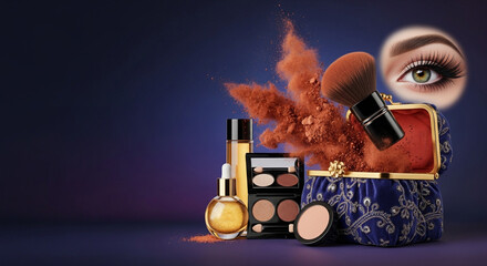 Airy pink face powder. A precision cosmetic brush. Captivating eye and eyelash. Luxury facial skincare. Stylish rose gold bag.