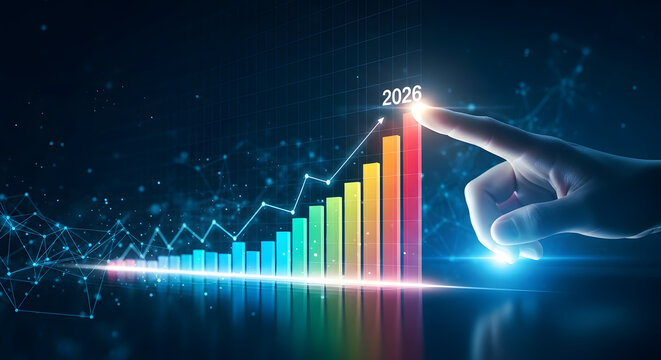 Fingertip touches glowing bar graph showing upward trend and financial growth with digital data streams