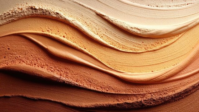 Close-up of wind-sculpted desert sand dunes in warm orange-brown tones with sweeping curved ridges. Concept Desert Dunes, Wind-Eroded Sand, Warm Orange-Brown Tones, Sweeping Curved Ridges