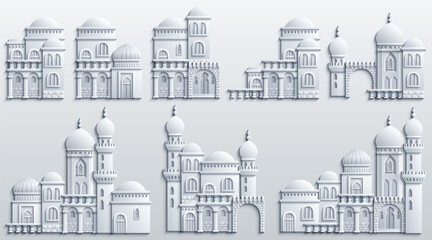 Set of stylized ancient Middle Eastern buildings in paper cut style. Perfect for games, travel guides, architecture projects, or historical infographics. Hand drawn vector illustration